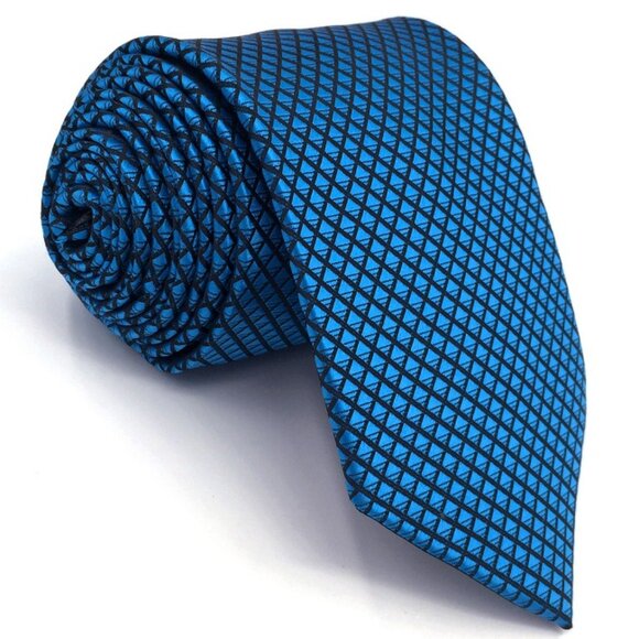 New Blue Black Diamonds Stripe Check Plaid Design 100% SILK TIE - Picture 2 of 5